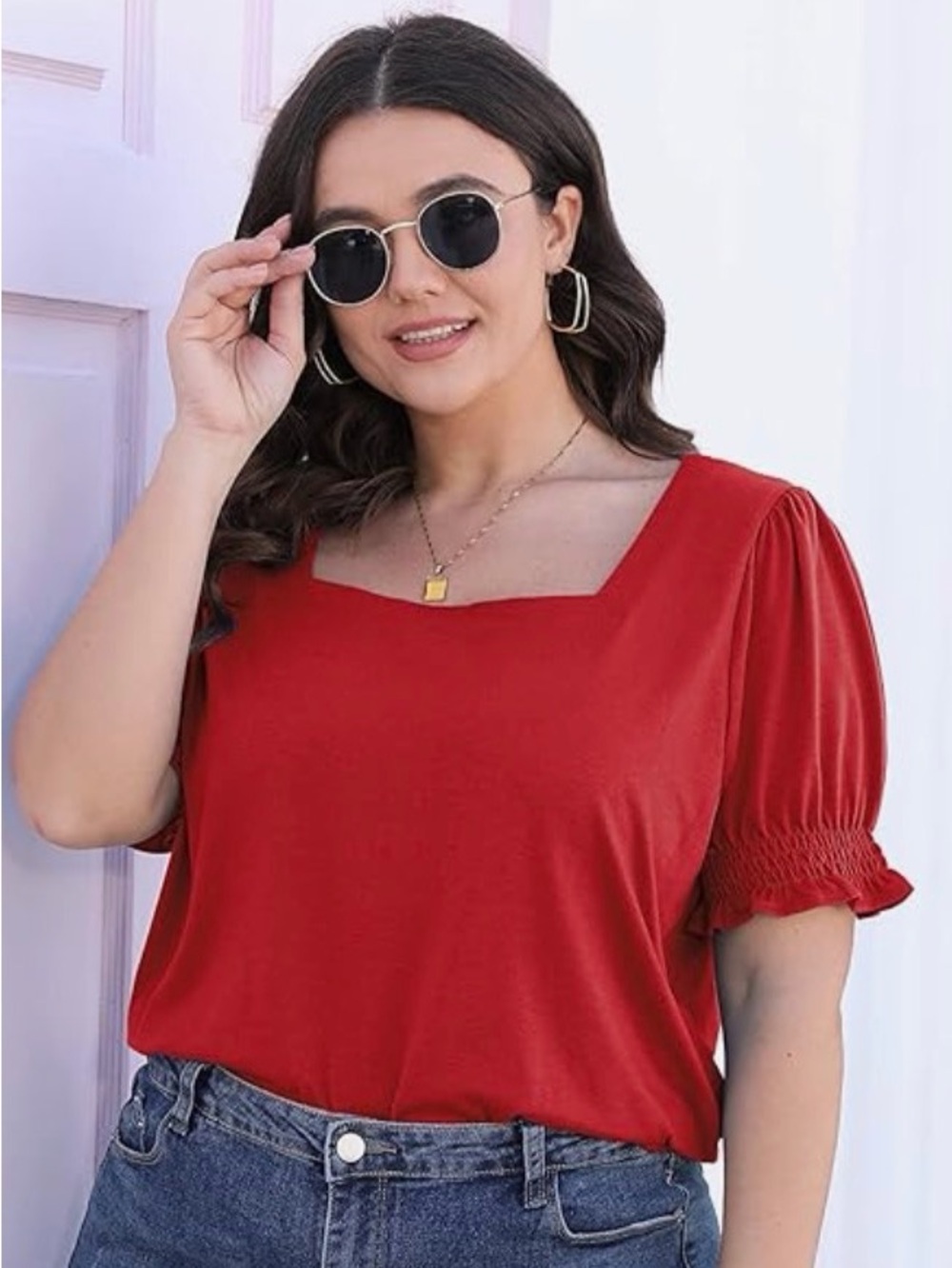 Square Neck Puff Sleeve Tee in Red